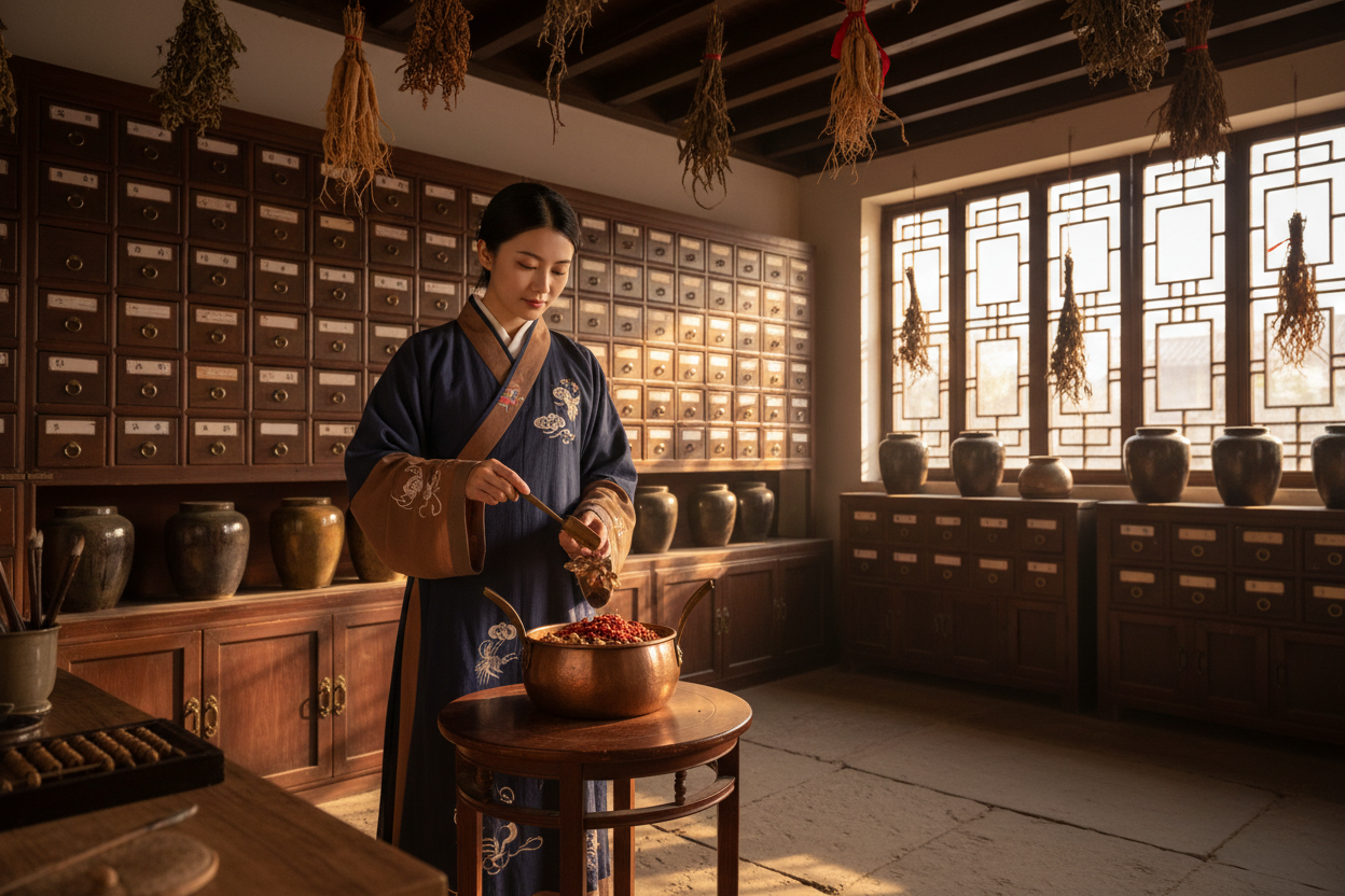 现代女中医穿着修禅服在传统中药房内将中草药放入铜制药锅